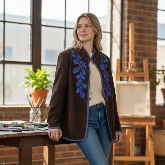 Linea by Louis Dell'Olio Jackets & Blazers - LINEA BY LOUIS DELL'OLIO JACKET SUEDE LEATHER EMBROIDERED OPEN BROWN/BLUE MED